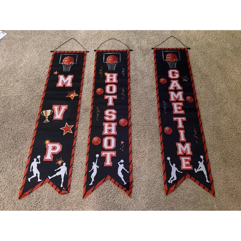 3Pcs Basketball Party Decorations Banner Sign Basketball Game Time Porch Signs‎